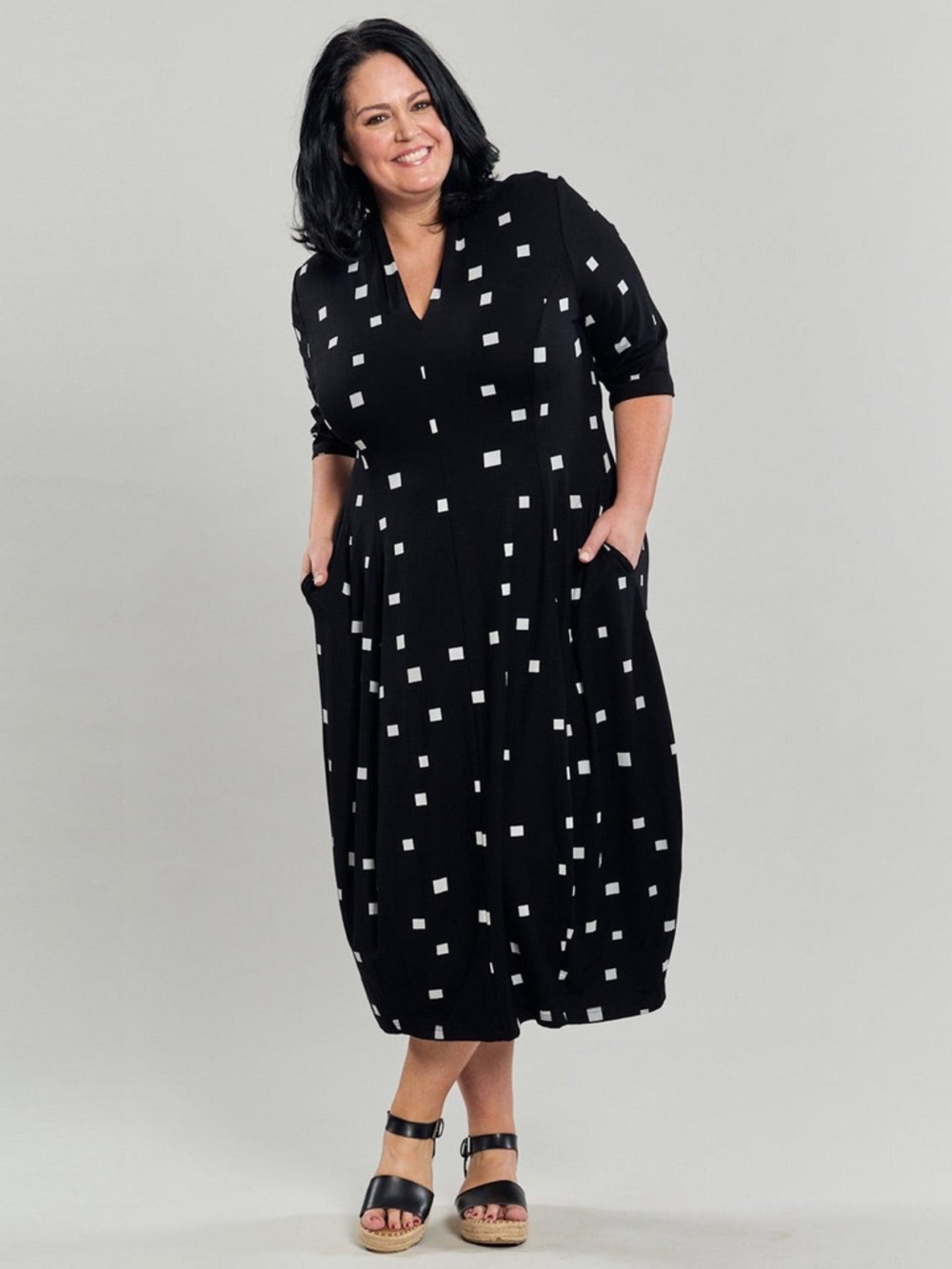 Alembika Carla Cocoon Midi Dress Black Squares Stretch Lagenlook Artsy. 21